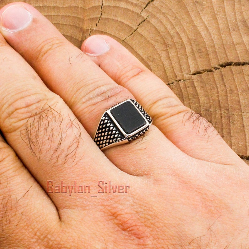 Babylon Silver Solid 925 Sterling Silver Onyx Stone Turkish Handmade Luxury Men's Ring (7) - Image 3